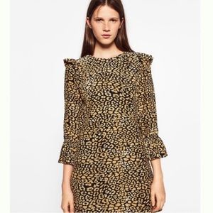 Zara Animal Leopard Print Short Dress Tan Black Ruffle Sleeve S